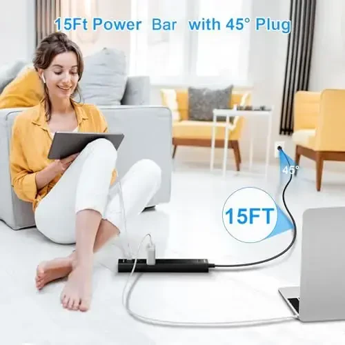 Surge Protector Power Strip 15 ft Cord-5 Widely Spaced Outlets 3 USB Ports(1 USB C Port),Power Strip Long Cord(1250W/10A),Power Strips with Surge Protection, Wall Mount for Home Office,Black(2 Pack) - 6
