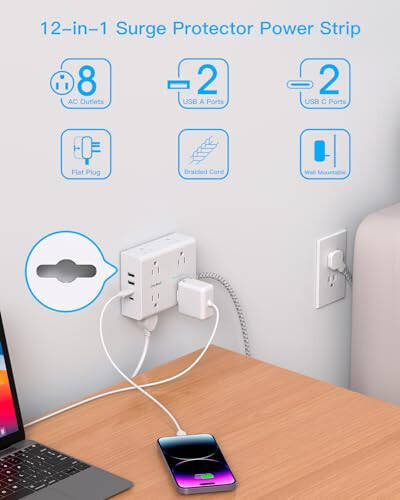 Surge Protector Power Strip 15 Ft Cord, Ultra Thin Flat Extension Cord with 8 Outlets 4 USB Ports(2 USB C), Flat Plug Power Strip, 15 Ft Long Braided Power Cord for Home, Office, Dorm Room Essentials - 5