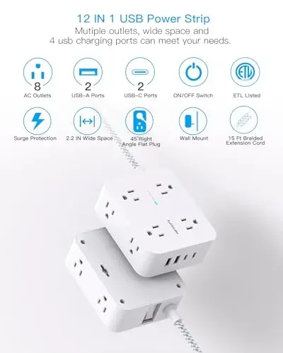 Surge Protector Power Strip 15 Ft Long Cord, HANYCONY Extension Cord 15 Feet with 8 Outlets 4 USB Ports(2 USB C), Flat Plug, Desk Charging Station for Home Office College Dorm Room Essentials - 3
