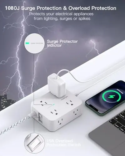 Surge Protector Power Strip 15 Ft Long Cord, HANYCONY Extension Cord 15 Feet with 8 Outlets 4 USB Ports(2 USB C), Flat Plug, Desk Charging Station for Home Office College Dorm Room Essentials - 2