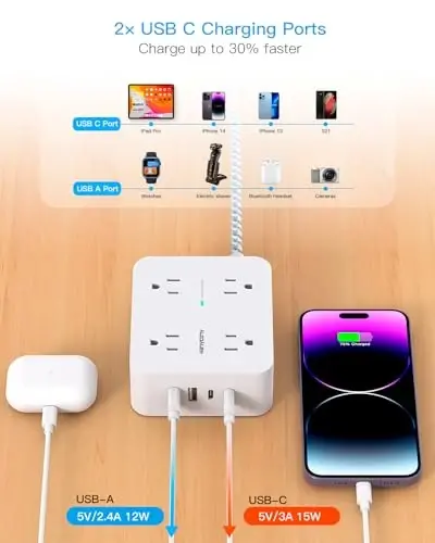 Surge Protector Power Strip - 8 Outlets with 4 USB (2 USB C) Charging Ports, Multi Plug Outlet Extender, 5Ft Braided Extension Cord, Flat Plug Wall Mount Desk USB Charging Station for Home Office ETL - 3
