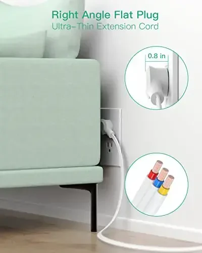 Surge Protector Power Strip - 9 keng oraliqli Multi Outlets, Devorga o'rnatish, Uzaytirish simli 3 tomonli Outlet Extender, Yassi vilka, Haddan tashqari yukdan himoya, Uy Ofis Yotoqxona uchun zarur narsalar (15FT, Oq) - 4