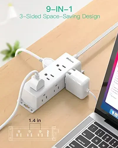 Surge Protector Power Strip - 9 ta keng joylashtirilgan ko'p rozetka, devorga o'rnatish, uzaytirgichli 3 tomonli rozetka kengaytirgichi, yassi vilka, haddan tashqari yuklanishdan himoya, uy ofisi yotoqxona xonasi uchun zarur narsalar (10FT, Oq) - MIFASO (1)
