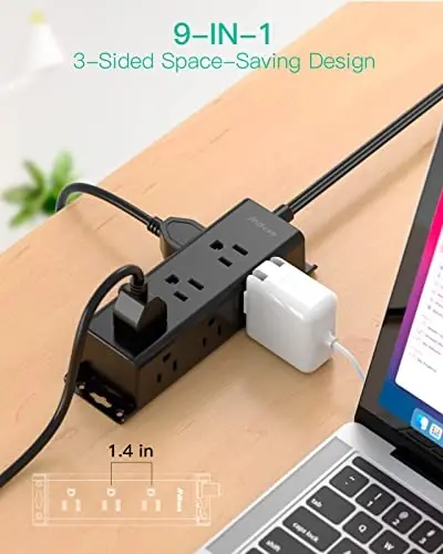 Surge Protector Power Strip - 9 Widely Spaced Multi Outlets, Wall Mount, 3 Side Outlet Extender with Extension Cord, Flat Plug, Overload Protection, Home Office Dorm Room Essentials (10FT, Black) - 2