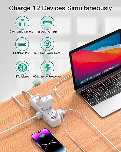 Surge Protector Power Strip, Braided Extension Cord with 9 AC Outlets 2 USB-A 1 USB-C Ports, 5ft Flat Plug Outlet Extension, 3 Sided Desktop Charging Station for Home,Office, Dorm, Travel, 900J - Mifaso (1)