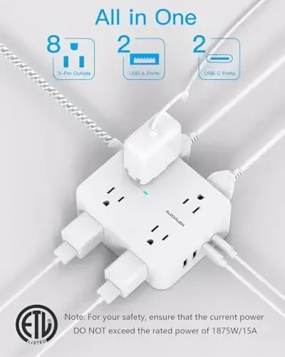 Surge Protector Power Strip, HANYCONY 8 AC Outlets and 4 USB Ports (2 USB-C), 5Ft Flat Extension Cord, Wall-Mountable Outlet Extender, Desk USB Charging Station for Home Office Dorm Room Essentials - 4