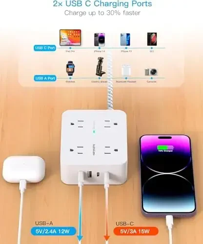 Surge Protector Power Strip, HANYCONY 8 AC rozetkalari va 4 USB porti (2 USB-C), 5 futlik yassi uzatma shnuri, devorga o'rnatiladigan rozetka kengaytirgichi, uy ofisi, yotoqxona uchun stol usti USB zaryadlash stantsiyasi - 2