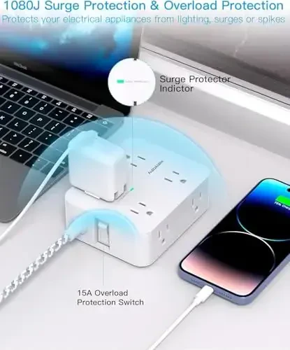 Surge Protector Power Strip, HANYCONY 8 AC rozetkalari va 4 USB porti (2 USB-C), 5 futlik yassi uzatma shnuri, devorga o'rnatiladigan rozetka kengaytirgichi, uy ofisi, yotoqxona uchun stol usti USB zaryadlash stantsiyasi - 3
