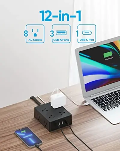 Surge Protector Power Strip, Olcorife 15ft Long Extension Cord with 8 Outlets 4 USB Ports(1 USB C), Flat Wall Plug Outlet Extender, College Dorm Room Essentials, Black - OLCORIFE (1)
