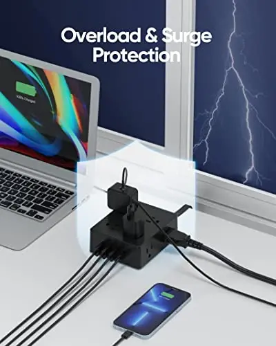 Surge Protector Power Strip, Olcorife 25ft Long Extension Cord with 8 Outlets 4 USB Ports(1 USB C), Flat Wall Plug Outlet Extender, College Dorm Room Essentials, Black - 4