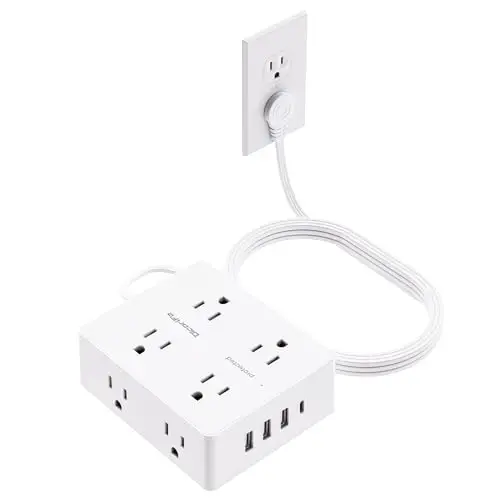 Surge Protector Power Strip, Olcorife Ultra Thin Flat Plug Extension Cord 5ft, 8 Outlets 4 USB Ports(1 USB C), Flat Wall Plug Outlet Extender, College Dorm Room Essentials, White 