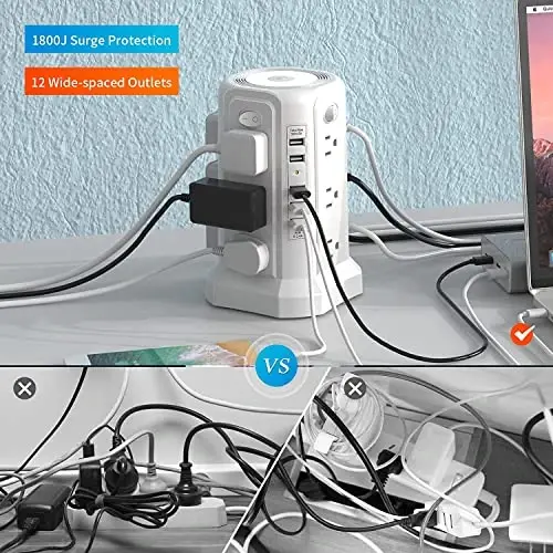 Surge Protector Power Strip Tower 5 USB Port va Tungi chiroq bilan, 10FT Uzaytirish Shnuri 12 AC Ko'p Rozetka bilan, PASSUS Power Tower, Uy Ofis Yotoqxona Xonasi uchun Haddan Tashqari Yukdan Himoya (2 dona-Oq) - 4