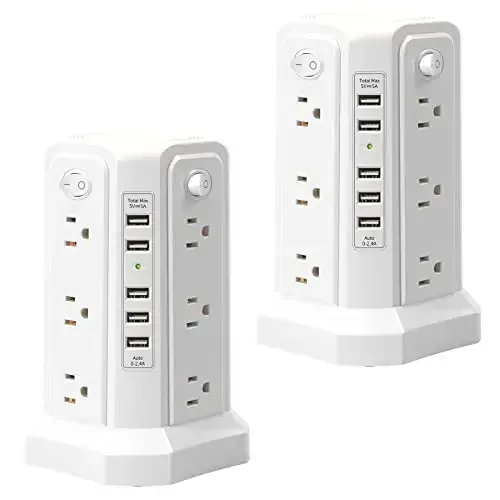 Surge Protector Power Strip Tower 5 USB porti va tungi chiroq bilan, 10FT uzaytirgich 12 AC rozetka bilan, PASSUS Power Tower, uy ofisi yotoqxonasi uchun ortiqcha yukdan himoya (2 dona-Oq) 