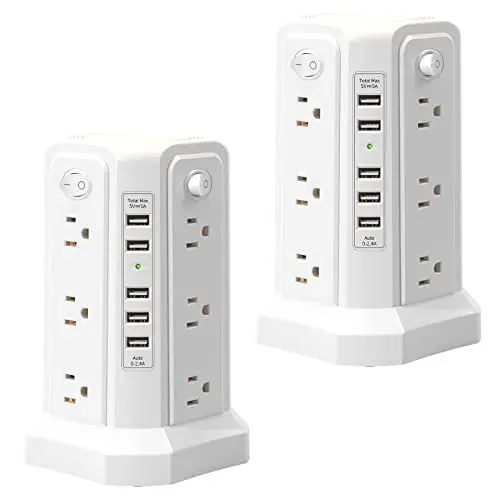 Surge Protector Power Strip Tower with 5 USB Ports and Night Light, 10FT Extension Cord with 12 AC Multiple Outlets, PASSUS Power Tower, Overload Protection for Home Office Dorm Room (2PC-White) 