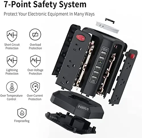 Surge Protector Power Strip Tower with 5 USB Ports and Night Light, 10FT Extension Cord with 12 AC Multiple Outlets, PASSUS Power Tower, Overload Protection for Home Office Dorm Room (2PC-White+Black) - PASSUS (1)