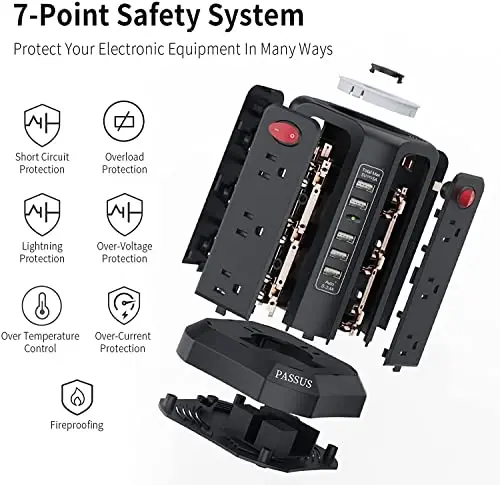 Surge Protector Power Strip Tower with 5 USB Ports and Night Light, 10FT Extension Cord with 12 AC Multiple Outlets, PASSUS Power Tower, Overload Protection for Home Office Dorm Room (2PC-White+Black) - 2