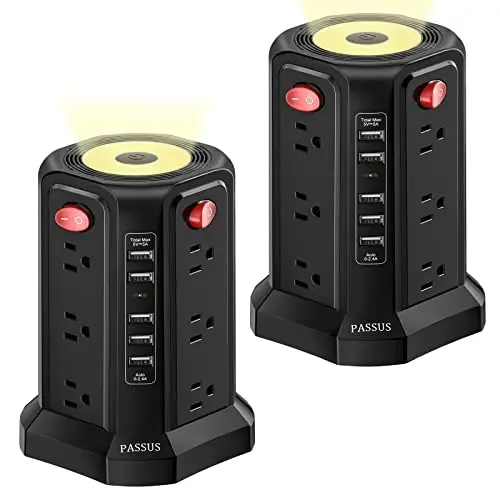 Surge Protector Power Strip Tower with 5 USB Ports and Night Light, 10FT Extension Cord with 12 AC Multiple Outlets, PASSUS Power Tower, Overload Protection for Home Office Dorm Room (2PC-White+Black) - 1