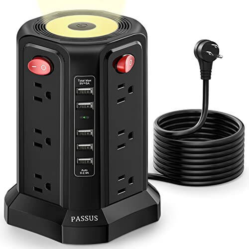 Surge Protector Power Strip Tower with 5 USB Ports and Night Light, 10FT Extension Cord with 12 AC Multiple Outlets, PASSUS Power Tower Overload Protection for Home Office Dorm Room Essentials(Black) - 1