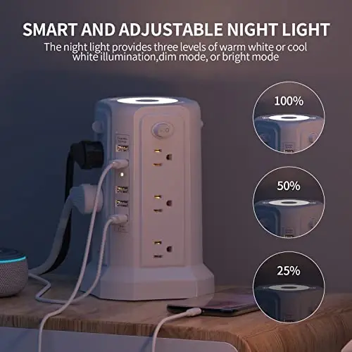 Surge Protector Power Strip Tower with 5 USB Ports and Night Light, 10FT Extension Cord with 12 AC Multiple Outlets, PASSUS Power Tower, Overload Protection for Home Office Dorm Room (White) - PASSUS (1)