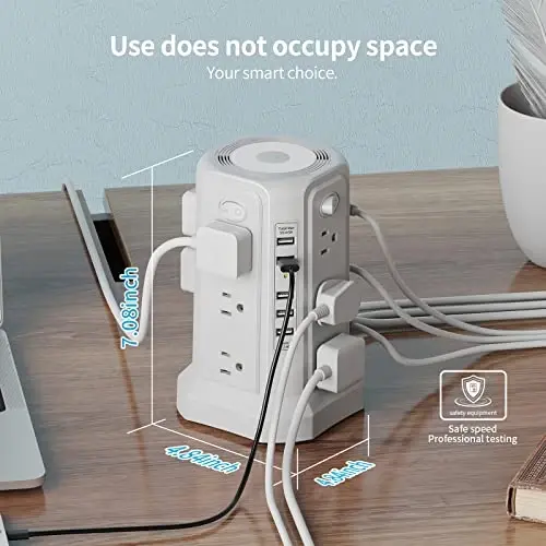 Surge Protector Power Strip Tower with 5 USB Ports and Night Light, 10FT Extension Cord with 12 AC Multiple Outlets, PASSUS Power Tower, Overload Protection for Home Office Dorm Room (White) - 5