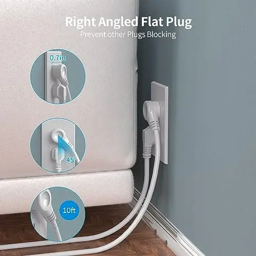 Surge Protector Power Strip Tower with 5 USB Ports and Night Light, 10FT Extension Cord with 12 AC Multiple Outlets, PASSUS Power Tower, Overload Protection for Home Office Dorm Room (White) - 6