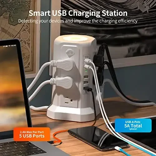 Surge Protector Power Strip Tower with 5 USB Ports and Night Light, 10FT Extension Cord with 12 AC Multiple Outlets, PASSUS Power Tower, Overload Protection for Home Office Dorm Room (White) - 4