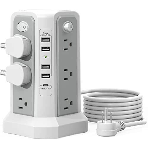 Surge Protector Power Strip Tower with USB C Port (PD18W), 10FT Extension Cord with 12 AC Outlets 5 USB Charging Ports, PASSUS Power Tower Surge Protection for Home Office DormRoom - 1