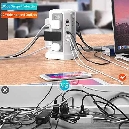 Surge Protector Power Strip Tower with USB C Port (PD18W), 10FT Extension Cord with 12 AC Outlets 5 USB Charging Ports, PASSUS Power Tower Surge Protection for Home Office DormRoom - 3