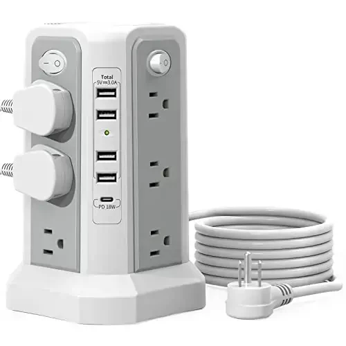 Surge Protector Power Strip Tower with USB C Port (PD18W), 10FT Extension Cord with 12 AC Outlets 5 USB Charging Ports, PASSUS Power Tower Surge Protection for Home Office DormRoom - 1