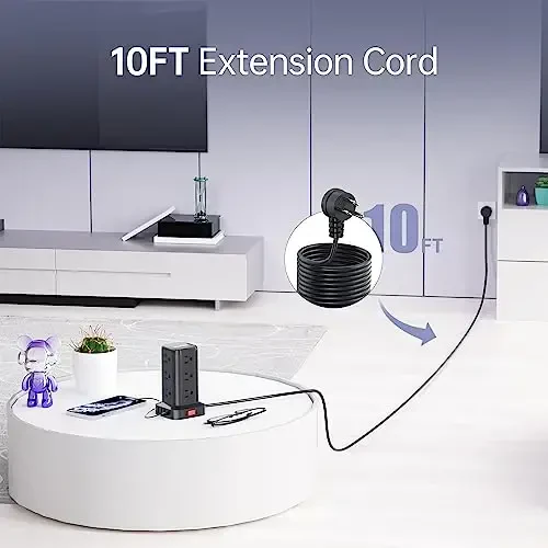 Surge Protector Power Strip Tower,10FT Extension Cord with Multiple Outlets, 12 AC 4 USB (1 USB C)，Mini Power Strip with USB Ports, Surge Protector Tower Overload Protection for Office, Desk - 5