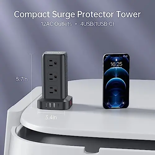 Surge Protector Power Strip Tower,10FT Extension Cord with Multiple Outlets, 12 AC 4 USB (1 USB C)，Mini Power Strip with USB Ports, Surge Protector Tower Overload Protection for Office, Desk - SMALLRT (1)
