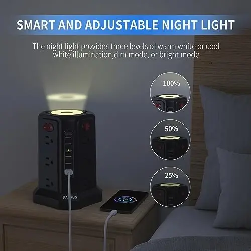 Surge Protector Power Strip with 10FT Cord 1625W|13A, Power Tower with 5 USB Ports and Night Light, PASSUS Outlet Tower with 12 AC Outlets Overload Protection for Home Office DormRoom (Black-13A) - 2