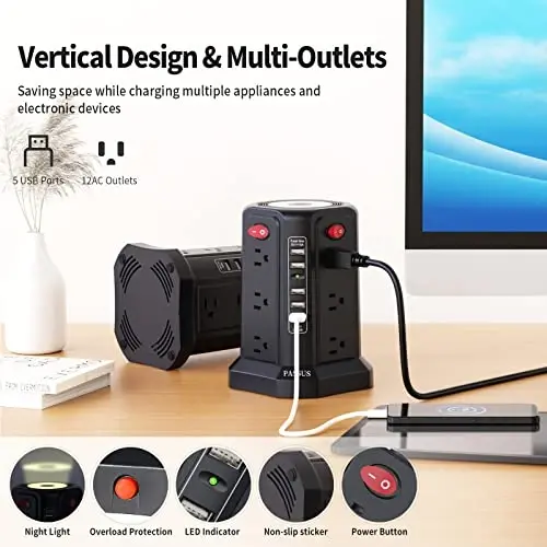 Surge Protector Power Strip with 10FT Cord 1625W|13A, Power Tower with 5 USB Ports and Night Light, PASSUS Outlet Tower with 12 AC Outlets Overload Protection for Home Office DormRoom (Black-13A) - 3