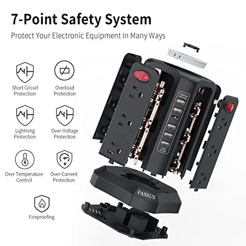 Surge Protector Power Strip with 10FT Cord 1625W|13A, Power Tower with 5 USB Ports and Night Light, PASSUS Outlet Tower with 12 AC Outlets Overload Protection for Home Office DormRoom (Black-13A) - 6