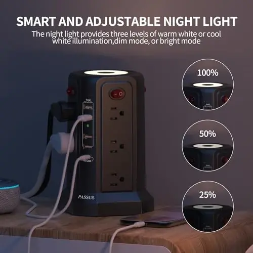 Surge Protector Power Strip with 5 USB Ports(1 USB C PD20W), 2nd Generation PASSUS Power Strips with Night Light, 10FT Extension Cord with Multiple Outlets for Home Office Dormroom Essentials - 4
