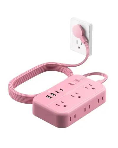 Surge Protector Power Strip with 6 Outlets 4 USB Ports(20W), Flat Extension Cord with Multiple Outlets, 5 ft Flat Plug Outlet Extender for Indoor, Home, Office, Pink - 1