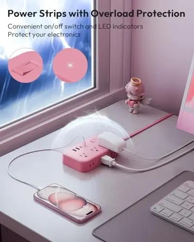 Surge Protector Power Strip with 6 Outlets 4 USB Ports(20W), Flat Extension Cord with Multiple Outlets, 5 ft Flat Plug Outlet Extender for Indoor, Home, Office, Pink - 4