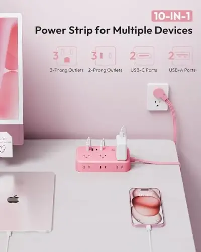Surge Protector Power Strip with 6 Outlets 4 USB Ports(20W), Flat Extension Cord with Multiple Outlets, 5 ft Flat Plug Outlet Extender for Indoor, Home, Office, Pink - NTONPOWER (1)