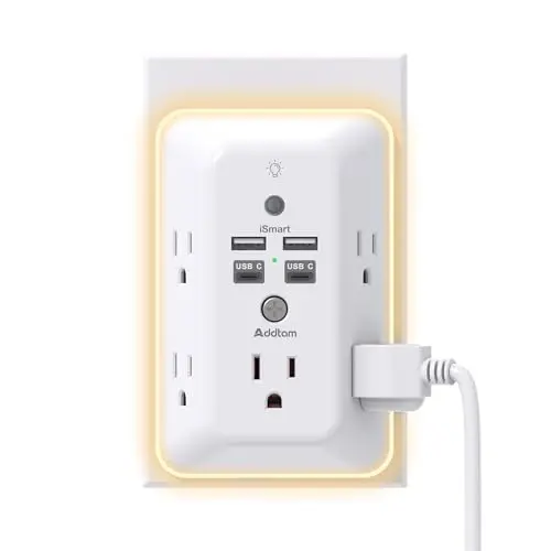 Surge Protector, Tungi chiroqli chiqish kengaytirgichi, Addtam 5 rozetkali splitter va 4 USB porti (2 USB C), USB devor zaryadlovchi quvvatlantirish moslamasi, Uy, ofis, maktab uchun ko'p rozetkali chiqish, ETL ro'yxatga olingan - ADDTAM