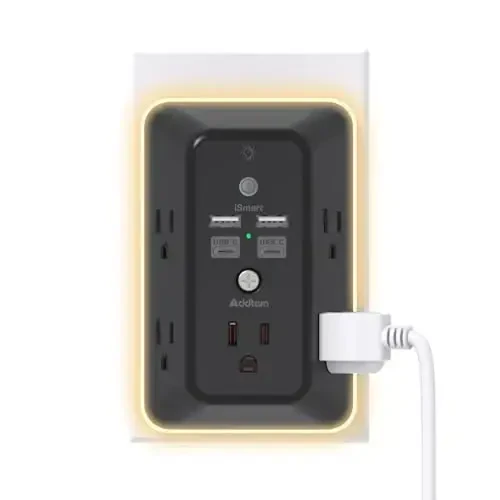 Surge Protector, Tungi chiroqli Outlet Extender, Addtam 5 rozetkali splitter va 4 USB port(2 USB C), USB devoriy zaryadlovchi, uy, ofis, maktab uchun ko'p vilkali devor rozetkasi, qora - 1