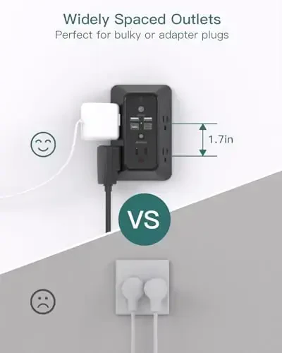 Surge Protector, Tungi chiroqli Outlet Extender, Addtam 5 rozetkali splitter va 4 USB port(2 USB C), USB devoriy zaryadlovchi, uy, ofis, maktab uchun ko'p vilkali devor rozetkasi, qora - 5