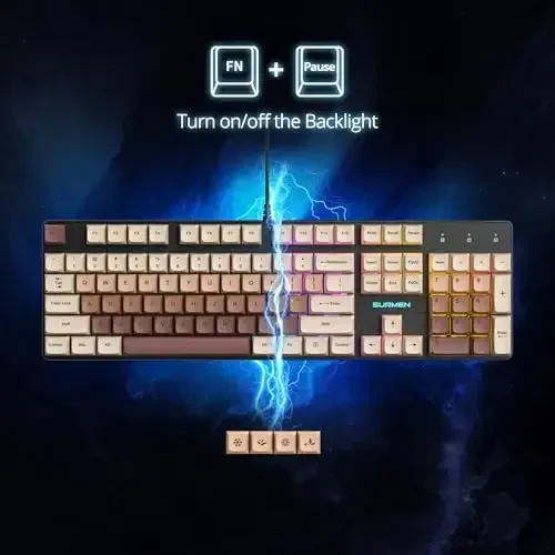 surmen Brown simli mexanik klaviatura Toʻliq oʻlchamli, 104 tugmali RGB Thocky klaviatura, raqamli panel USB Retro PBT tugmachalari Win Gaming/Office uchun (104 Coffee) - 6