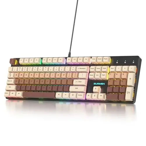 surmen Brown Wired Mechanical Keyboard Full-Size, 104-Key RGB Thocky Keyboard with Number Pad USB Retro PBT Keycaps for Win Gaming/Office (104 Coffee) 