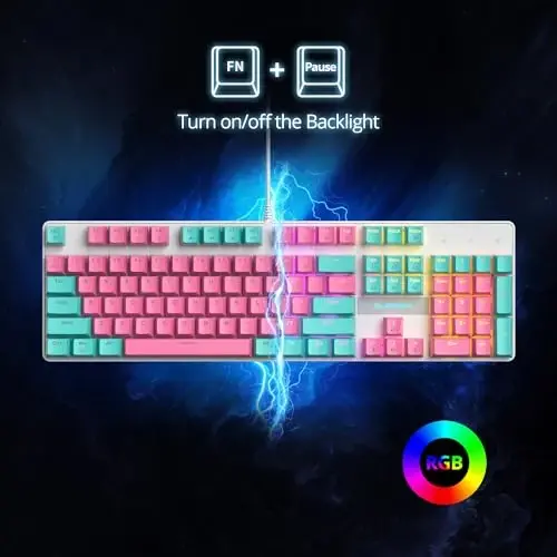 surmen Full Size Pink Creamy Keyboard with Number Pad, 104 Keys RGB Wired Mechanical Gaming Keyboard Backlit with PBT Keycaps Linear Red Switch for Laptop Desktop PC Gamers（104 Miami） - 2
