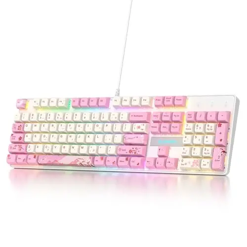 surmen Full Size Pink Keyboard with Number Pad, 104 Keys RGB Wired Mechanical Gaming Keyboard Backlit with PBT Keycaps Linear Red Switch for Laptop Desktop PC Gamers（104 Ying） 