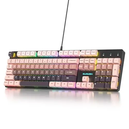 surmen Wired Mechanical Keyboard Full-Size,104-Key RGB Thocky Keyboard with Number Pad USB Retro Brown PBT Keycaps for Win Gaming/Office (104 Heimei) - SURMEN