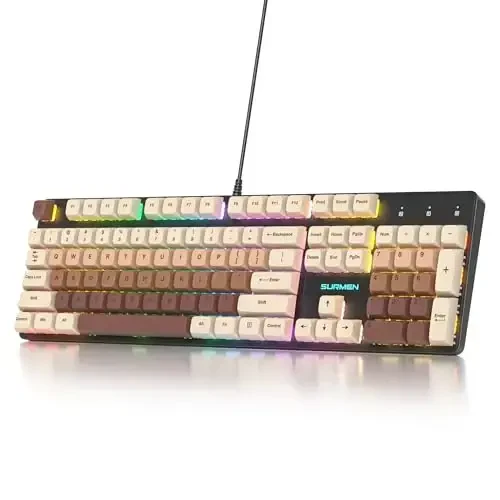 surmen Brown Wired Mechanical Keyboard Full-Size, 104-Key RGB Thocky Keyboard with Number Pad USB Retro PBT Keycaps for Win Gaming/Office (104 Coffee) - SURMEN