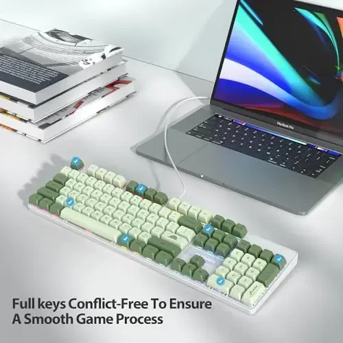 surmen Sage Green Mechanical Gaming Keyboard– 104 Key Full Size Wired Keyboard with Number Pad, Thocky & Creamy Sound, RGB Backlit Anti-Ghosting – Quiet Red Switch for PC Gamers & Typists (104 Green) - 4