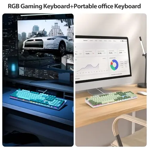 surmen Sage Green Mechanical Gaming Keyboard– 104 Key Full Size Wired Keyboard with Number Pad, Thocky & Creamy Sound, RGB Backlit Anti-Ghosting – Quiet Red Switch for PC Gamers & Typists (104 Green) - 5