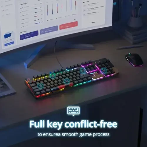 surmen Full Size Creamy Keyboard with Number Pad, 104 Keys RGB Wired Mechanical Gaming Keyboard Backlit with PBT Keycaps Linear Red Switch for Laptop Desktop PC Gamers（104 Blue Samurai B） - 6